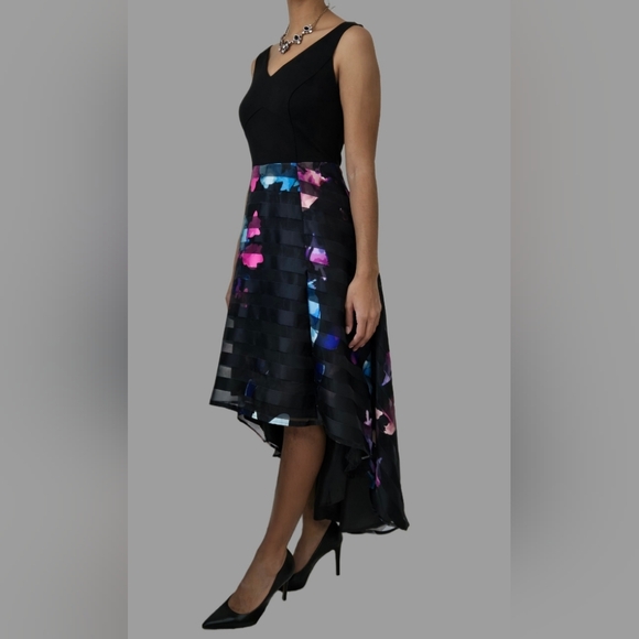 VENUS Black with Shimmery Pink & Blue Hi/Lo Dress w/ V Neckline Size 14 - Picture 4 of 7